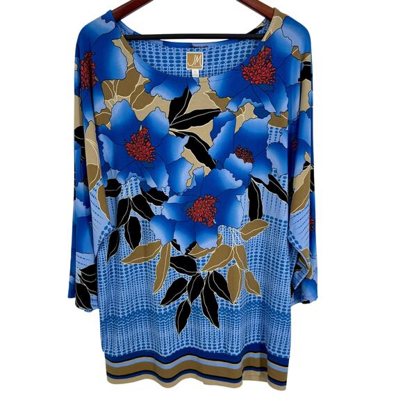 JM Collection Sz XL Super Stretchy Blue Tropical Beach Blouse Shirt Top Hawaii - Picture 1 of 7